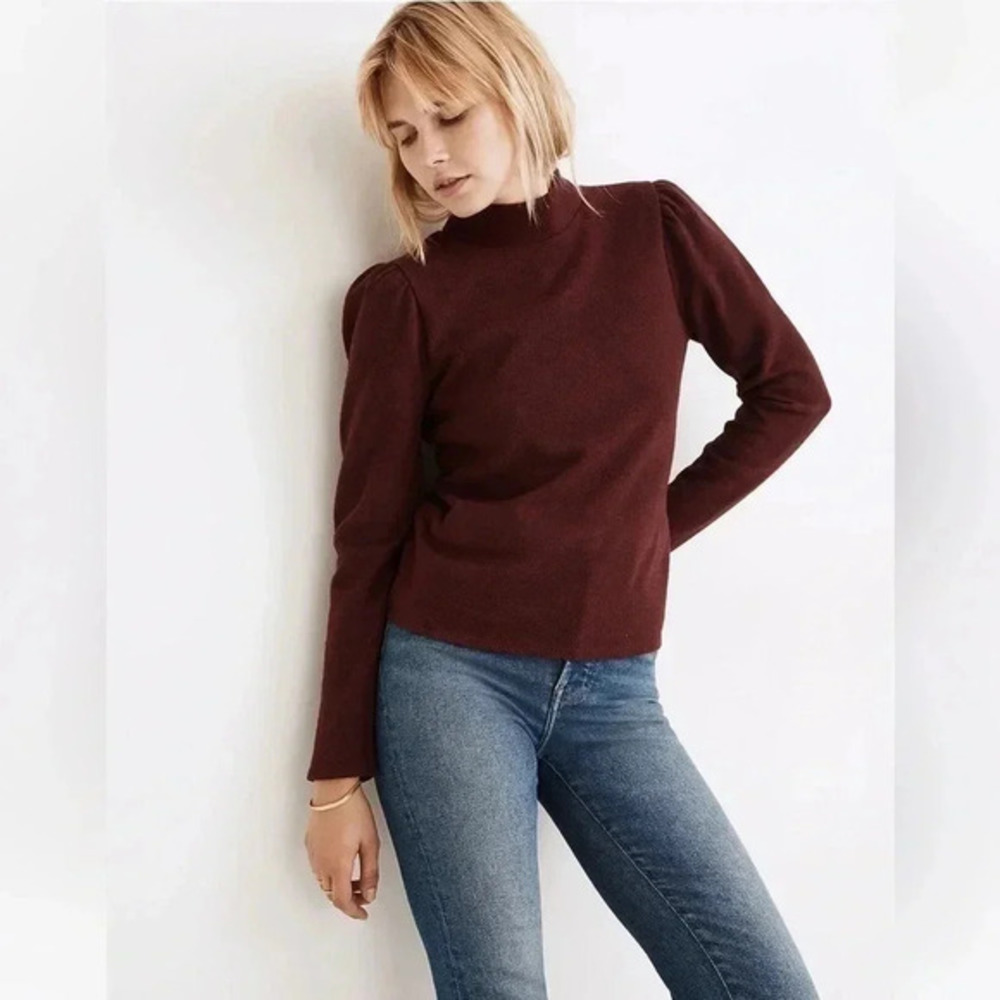 Madewell Plush Mockneck Puff-Sleeve Top Size S Gray Casual Minimalist‎
